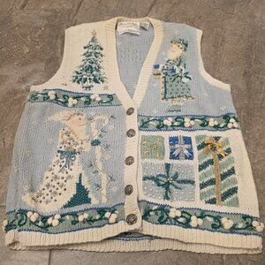 Vintage 1995 Marisa Christina Christmas Knit Sweater Vest Womens Lrg Embellished